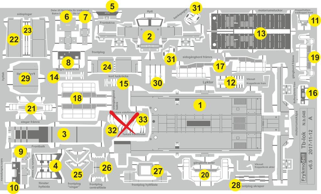 6 Byggsatsens innehåll Etsplåt 3D-printade smådelar Etsplåten 3D-printade detaljer Nr Beskrivning Antal 01 Motorrumskåpa 1 34 Boggiesidor 4 02 Förarhytt 1 35 Fjäderfästen 4 03 Frontbalk 1 36 Fäste