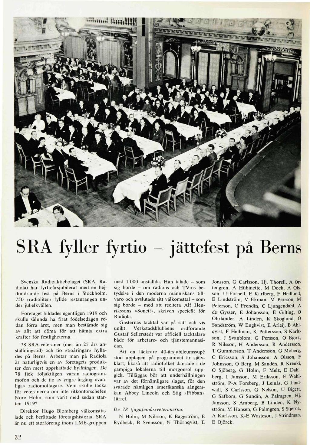 SRA fyller fyrtio jättefest på Berns Svenska Radioaktiebolaget (SRA, Radiola) har fyrtioårsjubilerat med en hejdundrande fest på Berns i Stockholm.