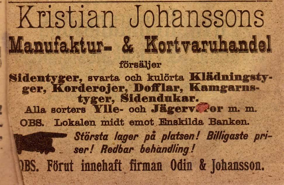 Kristian Johansson Kramhandlare Gift Johanna Vilhelmina Johansson 1844- fr. Stenkyrka i Bohoslän 1847- f.