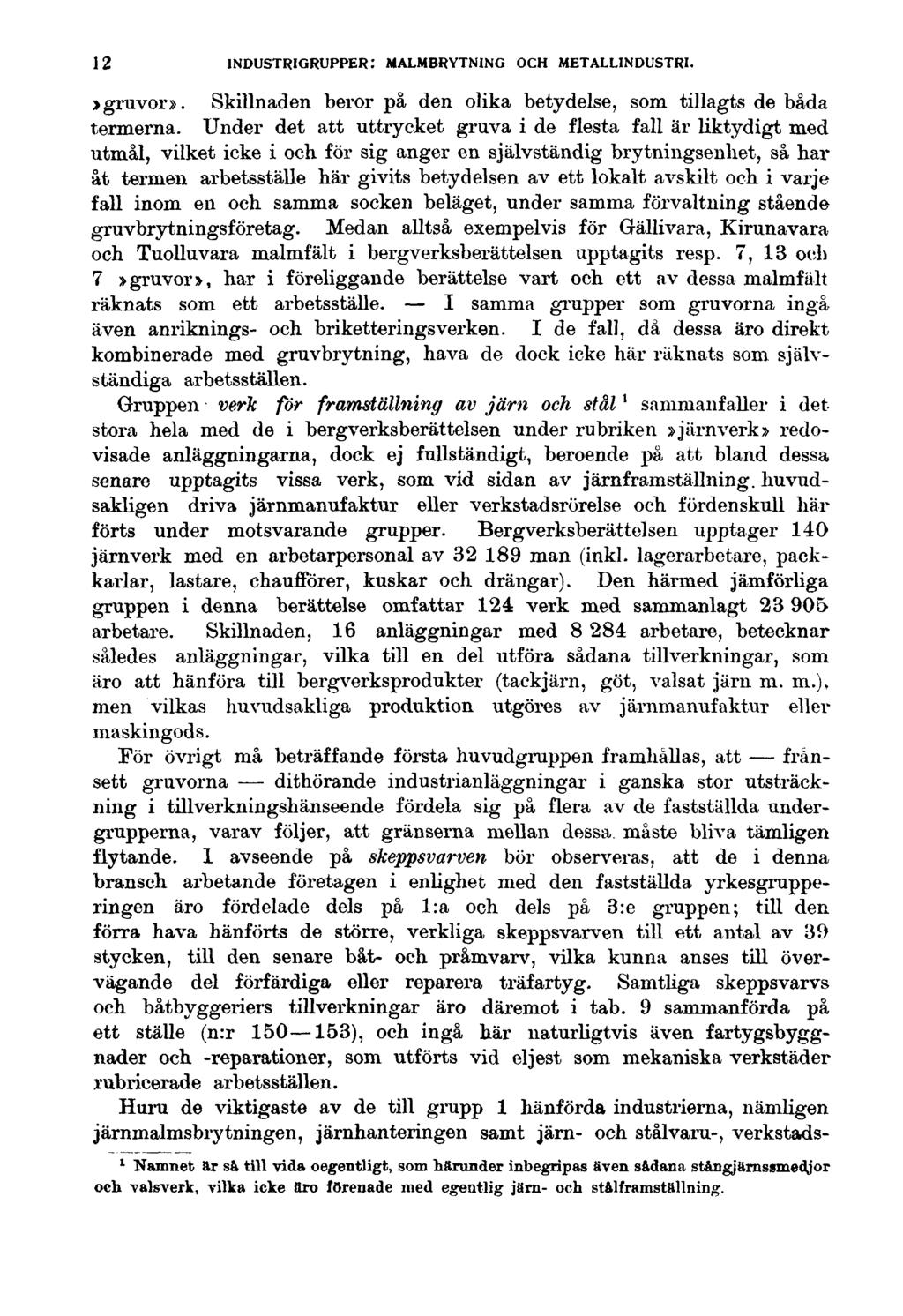 12 INDUSTRIGRUPPER: MALMBRYTNING OCH METALLINDUSTRI. >gruvor». Skillnaden beror på den olika betydelse, som tillagts de båda termerna.