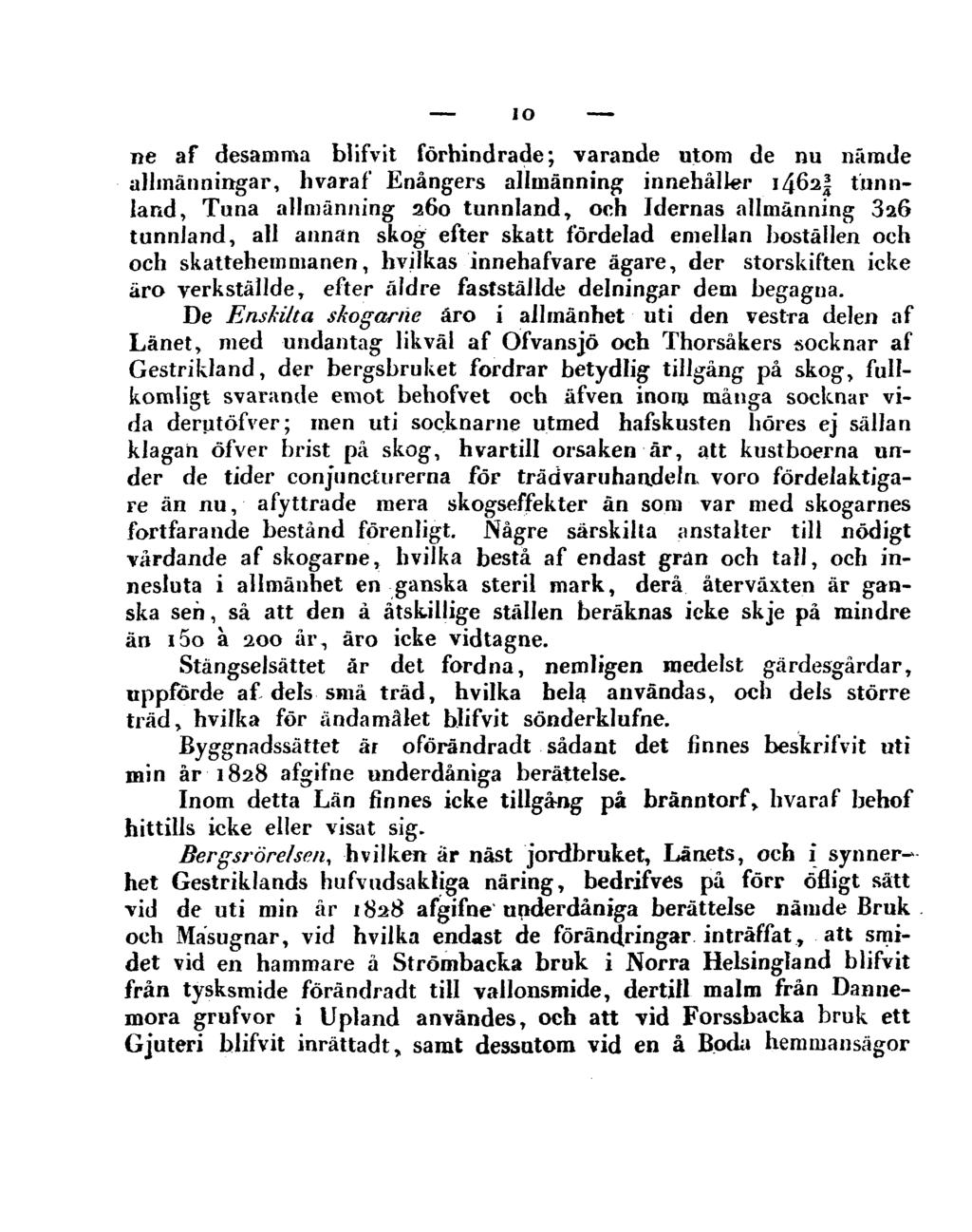 10 ne af desamma blifvit förhindrade; varande utom de nu nämde allmänningar, hvaraf Enångers allmänning innehåller 1462 tunnland, Tuna allmänning a6o tunnland, oeh Idernas allmänning 3Ä6 tunnland,