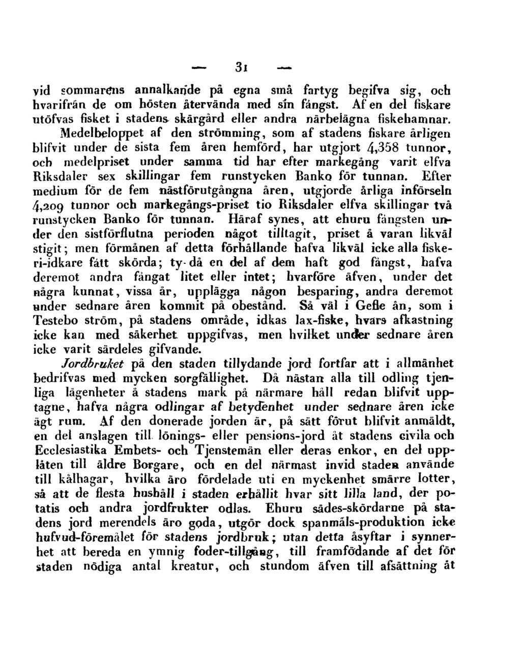 31 vid sommarens annalkande på egna små fartyg begifva sig, och hvarifrän de om hösten återvända med sm fångst. Af en del fiskare utöfvas fisket i stadens skärgård eller andra närbelägna fiskehamnar.