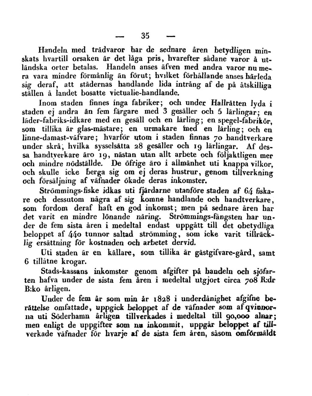 35 Handeln med trädvaror har de sednare åren betydligen minskats hvartill orsaken är det låga pris, hvarefter sådane varor å utländska orter betalas.