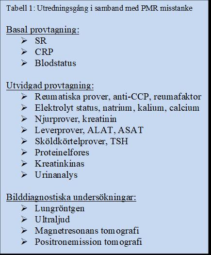 tillstånd som kan misstolkas som PMR och som måste uteslutas innan diagnosen sätts. Ofta uppvisar patienten vid dessa tillstånd atypiska symtom och svarar dåligt på sedvanlig PMR behandling.