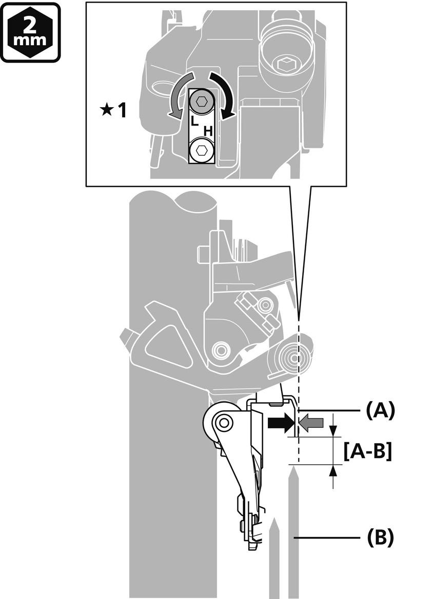 Se till att avståndet [A-B] från kuggspetsen på det störst kedjedrev är mellan 1 och 3 mm. Direktmonterad typ (FD-M9025/M8025/M618) Down swing 1. Sätt tillfälligt fast framväxeln på ramen.