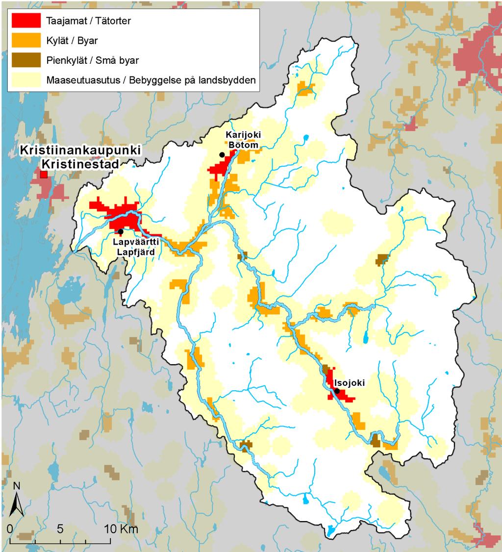 Finlands miljöcentral, NTM-centralen i Södra Österbotten 2011; Bild 10. Samhällsstrukturen i Lappfjärds TJ/VRK ås 4/2008 avrinningsområde (2011).