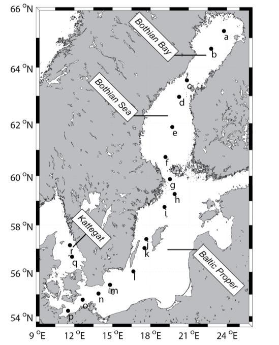 Material och metoder Provtagning och lagring av prover Vattenprover samlades in 13-19 juli år 2013 i Kattegatt, Egentliga Östersjön och i Bottniska viken (Fig. 1).