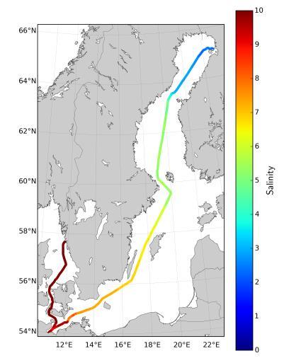 Resultat Salthalt, temperatur och klorofyll. I figur 2 finns kartor som visar salthalt, temperatur, klorofyllfluorescens och phycocyaninfluorescens från FerryBox-systemet. I Fig.
