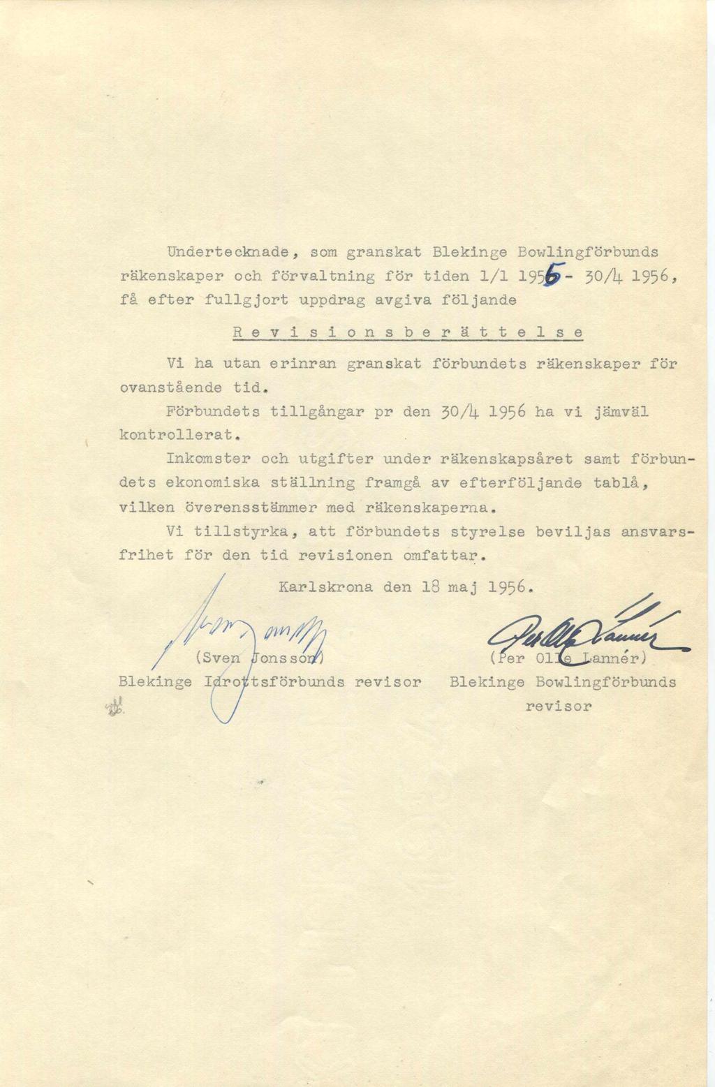 Undertecknade, som granskat Blekinge Bowlingförbunds räkenskaper och förvaltning för tiden l/l 1 9 5 3 /b 1956* få efter fullgjort uppdrag avgiva följande R e v i s i o n s b e r ä t t e l s e Vi ha