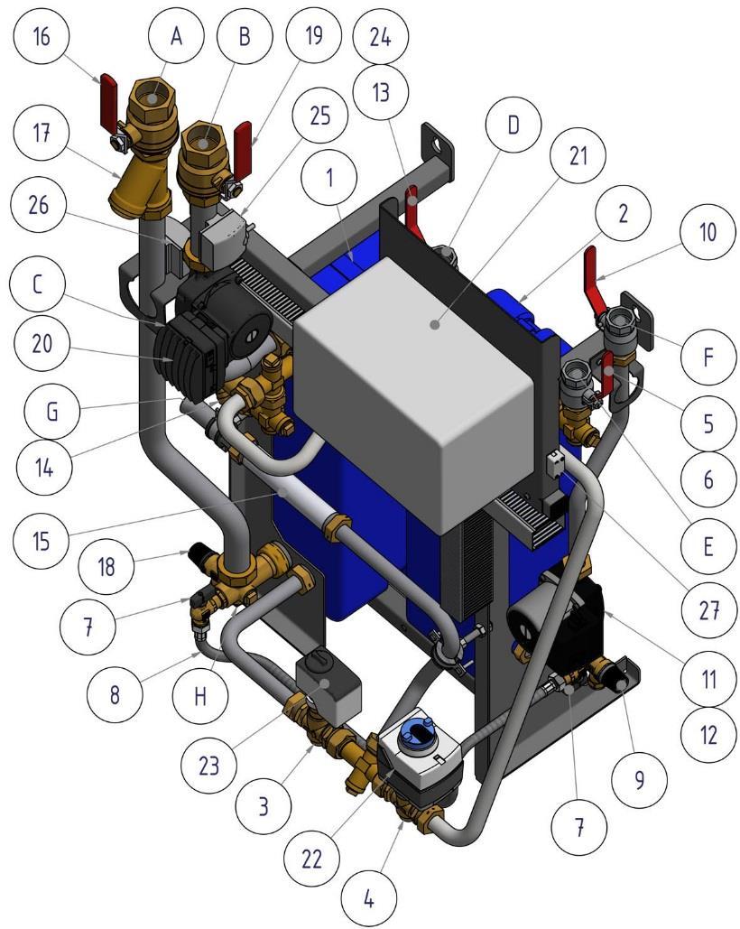 Cetetherm Midi Wall SR 144 1.7 Produktöversikt Midi Wall SR144 Bild 1 1. Värmeväxlare, värme 19. Avstängningsventil, värme tillopp 2. Värmeväxlare, varmvatten 20. Pump, värme 3. Styrventil, värme 21.