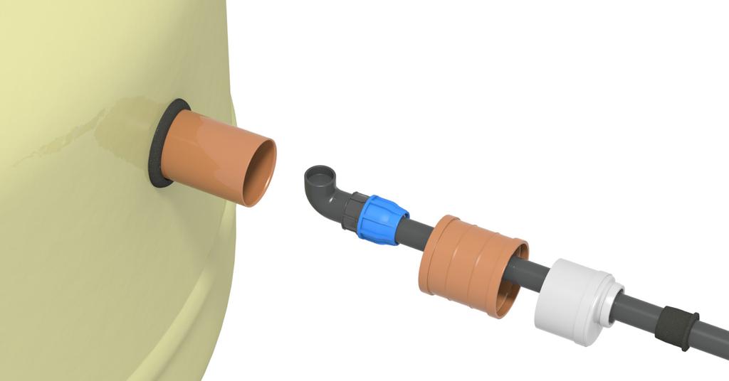 Installationsanvisning BAGA Pumppaket PE 3. På utgående PEM-slang träs gumminippel Ø50/40, förminskning Ø110/50 mm och dubbelmuff.