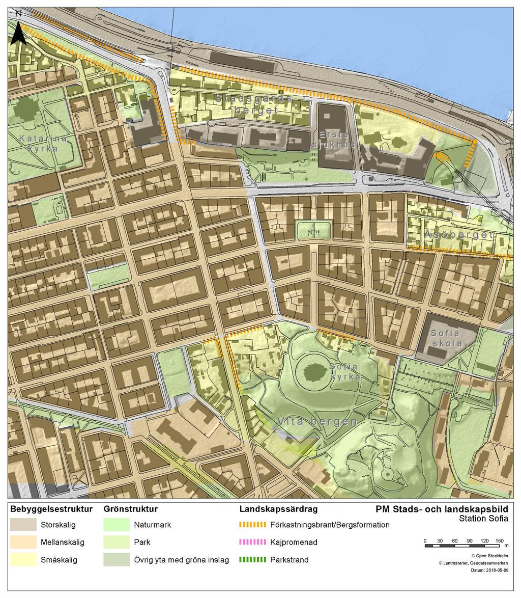 Områdesanalys Figur 1 Områdesanalys station Sofia Östra Södermalm karaktäriseras bebyggelsemässigt av en mellanskalig, tät och sammanhängande kvartersstadsstruktur typisk för 1800-talet.