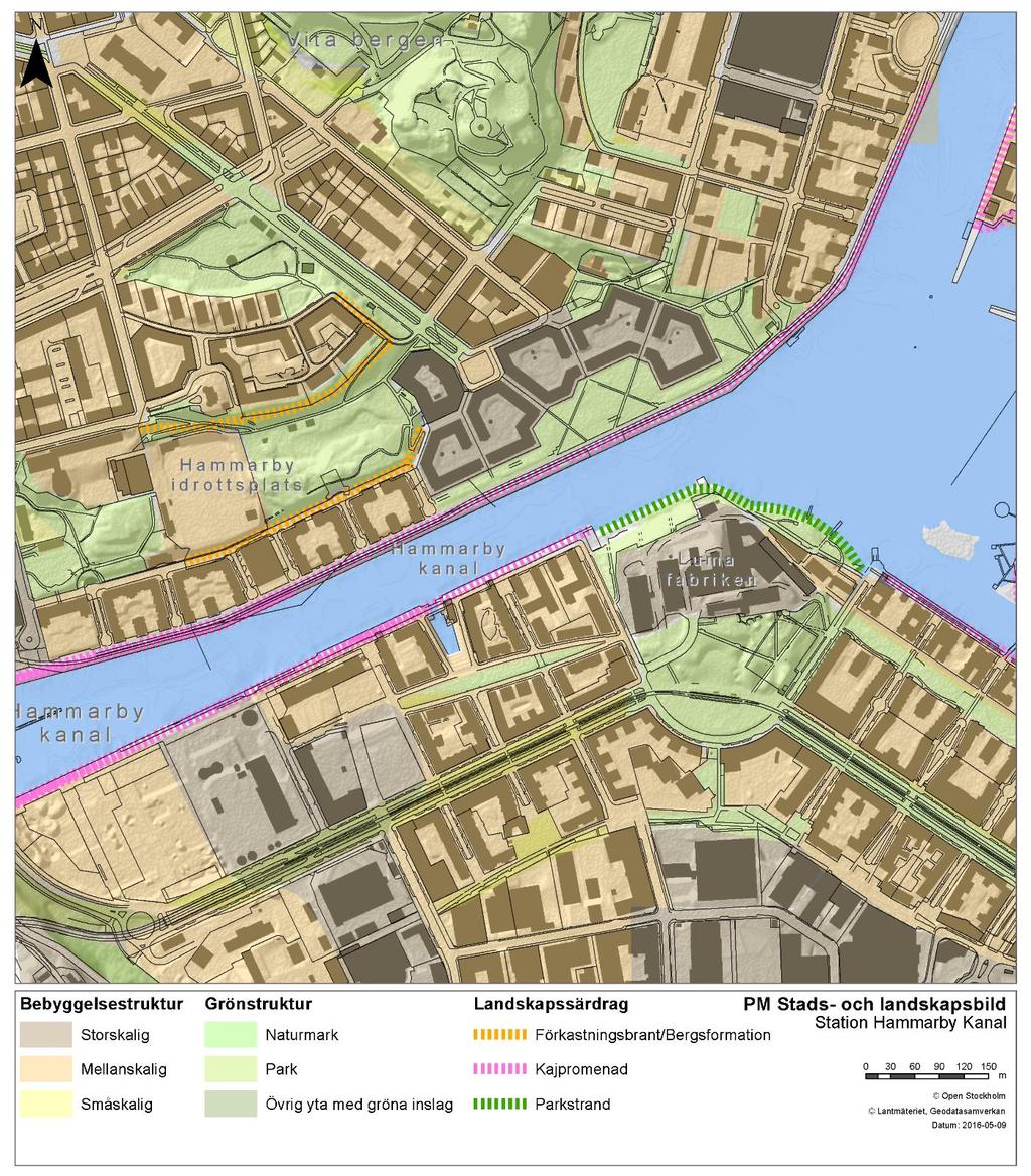 Områdesanalys Figur 10 Områdesanalys station Hammarby Kanal Sydöstra Södermalm karaktäriseras av en olikåldrig mellanskalig områdestyp med olika typer av kvarterstrukturer och höjder på byggnaderna.