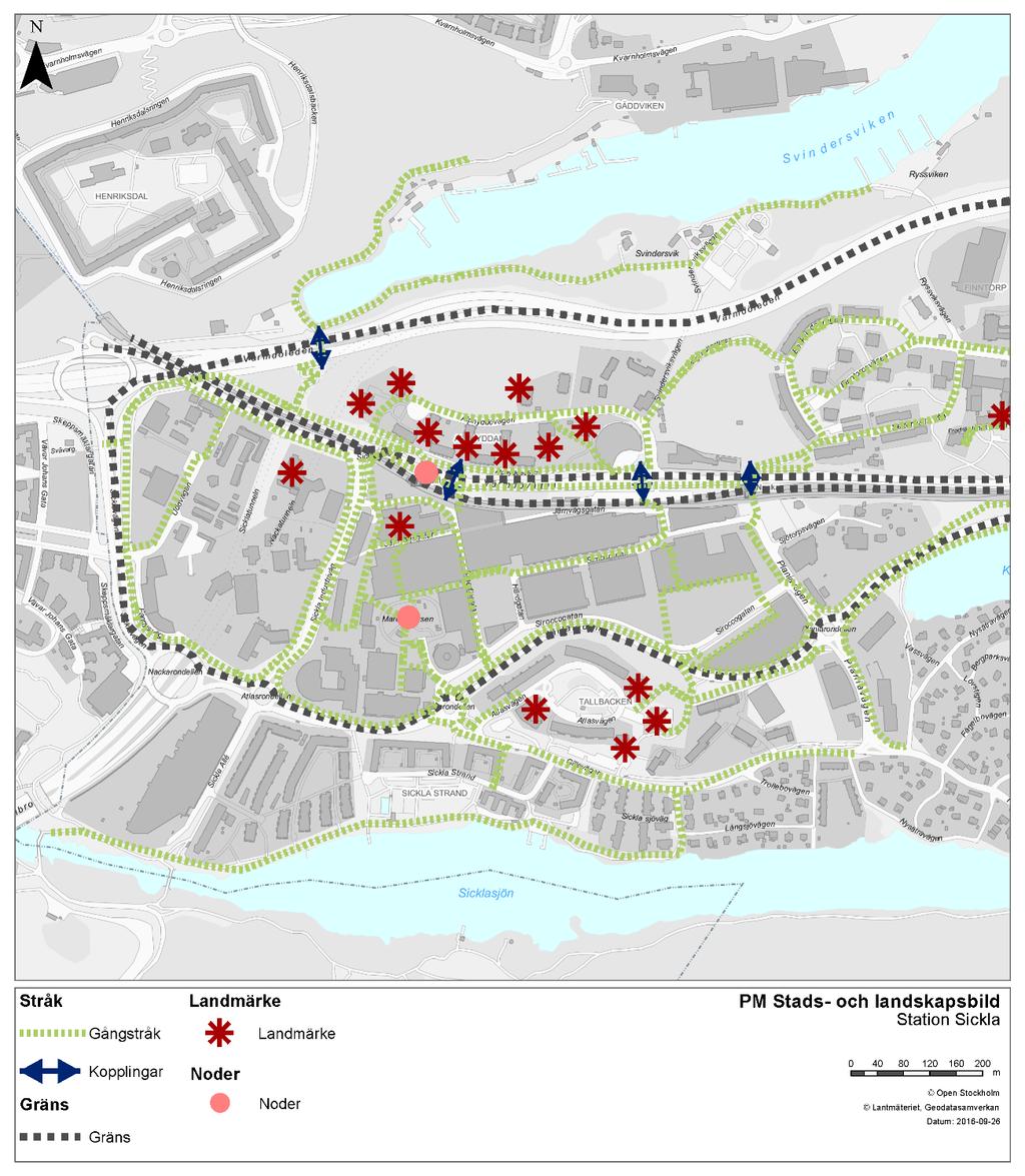 I områdets södra del finns Sicklasjön med gång- och parkstråk efter stranden samt ett område med småskaliga villakvarter i väster.