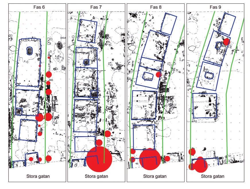 KAMMAKERIAVFALLETS SPRIDNING Fig. 6. Hornspillets spridning på tomt IV under fas 6-9, det vill säga hela 1100-talet och början av 1200-talet.