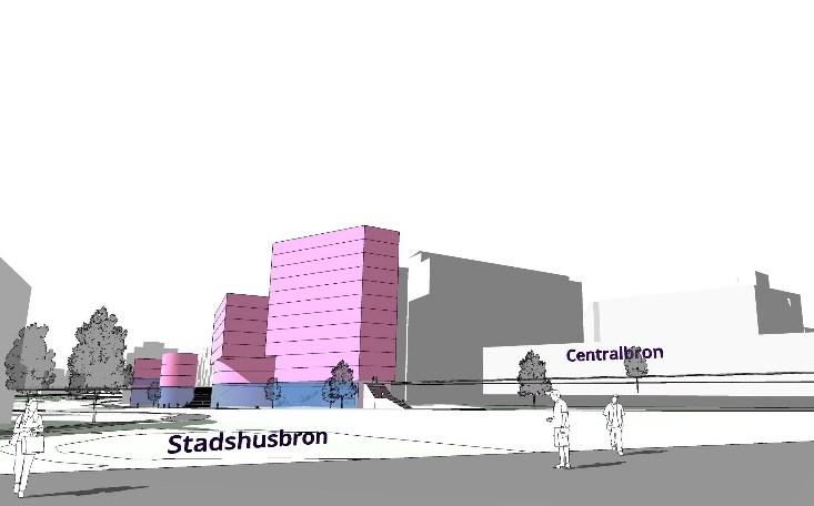 Sida 10 (13) Perspektiv mot nordost från Stadshusbron, föreslagna byggnadsvolymer är rosamarkerade.