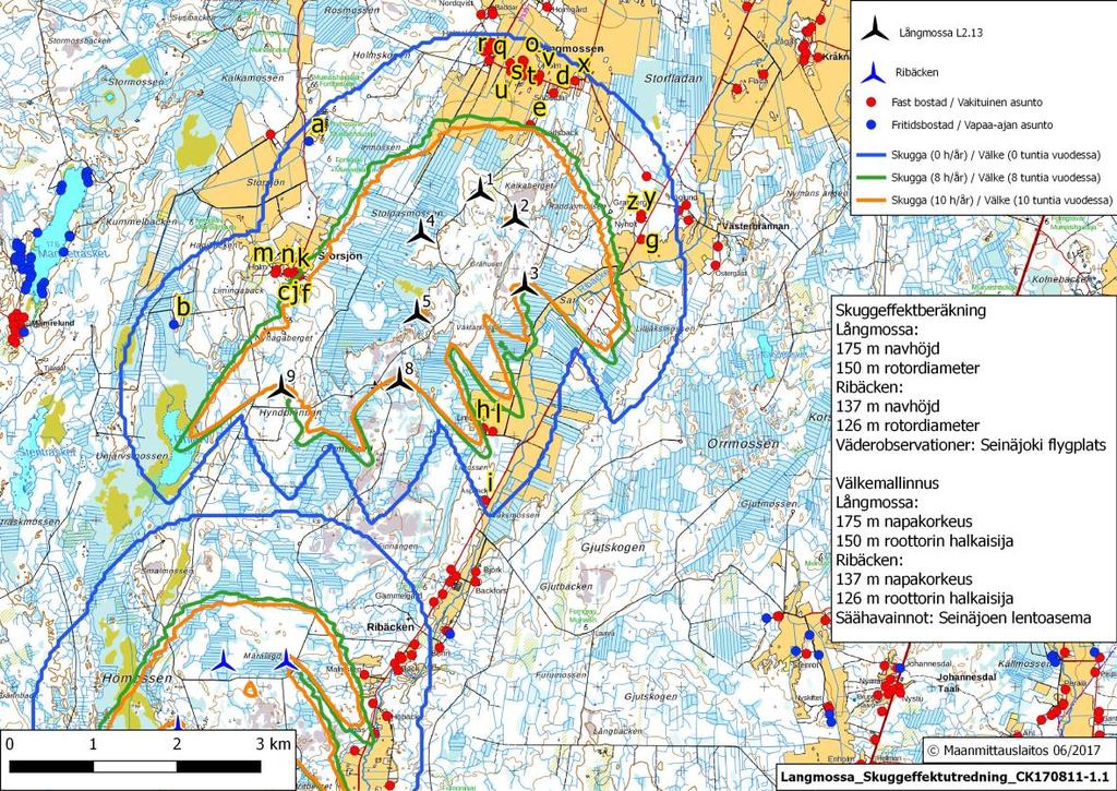 Sida 11 av 13 Bild 5. Skuggeffekter i Långmossa vindkraftsområde, då också de planerade turbinerna i Ribäcken har beaktats.