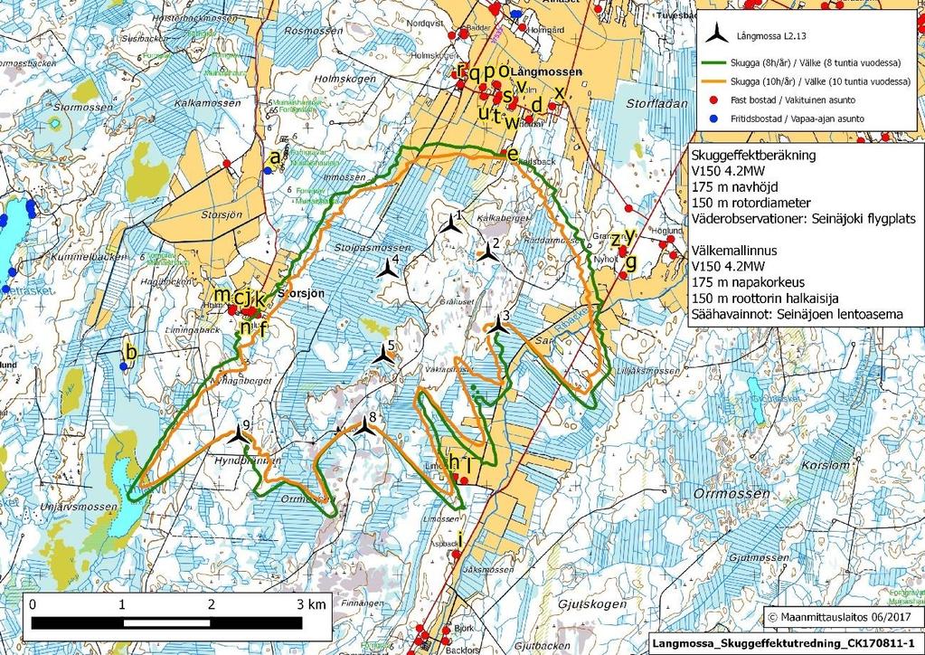 Sida 7 av 13 vindkraftverken har beräknats. Det maximala granskningsavståndet bestäms så att vindkraftverkets rotorblad täcker åtminstone 20 % av solen sett från observationspunkten. 4.
