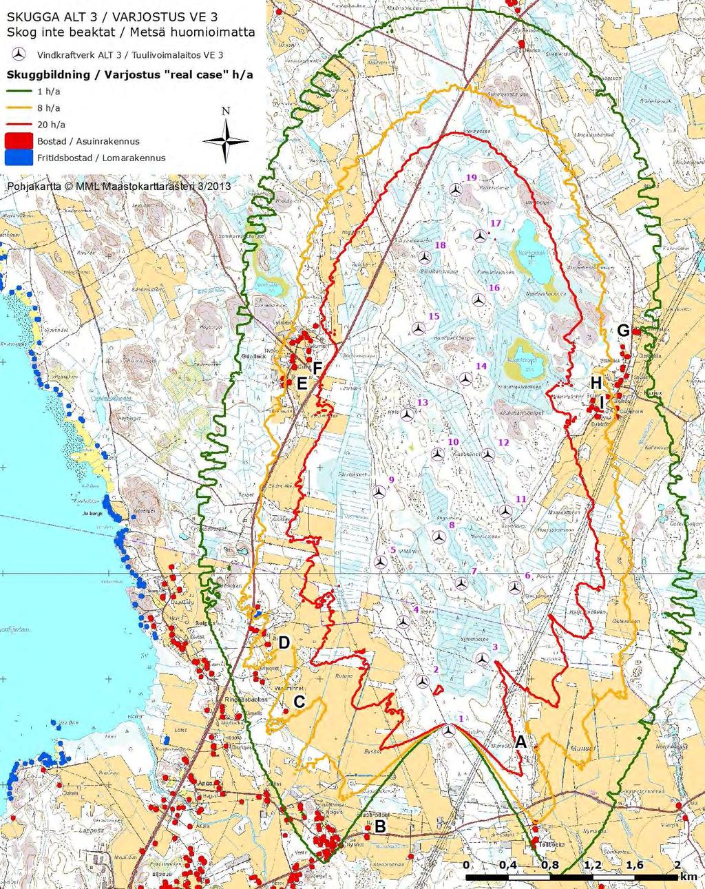 SVEVIND OY AB SANDBACKA VINDKRAFTSPARK 100 (224) Figur 13-8. Skuggningsmodellering för alternativ 3.