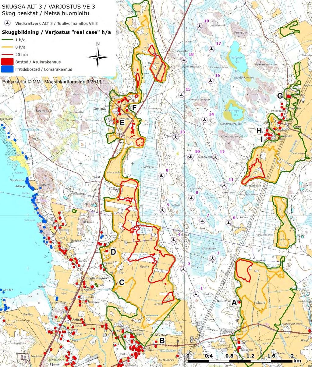 SVEVIND OY AB SANDBACKA VINDKRAFTSPARK 101 (224) Figur 13-9. Skuggningsmodellering för alternativ 3. Modelleringen beaktar skogens täckande effekt.