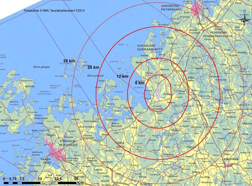 SVEVIND OY AB SANDBACKA VINDKRAFTSPARK 115 (224) Figur 15-2. Karta över granskningszonerna för landskapskonsekvenserna (alt 3).
