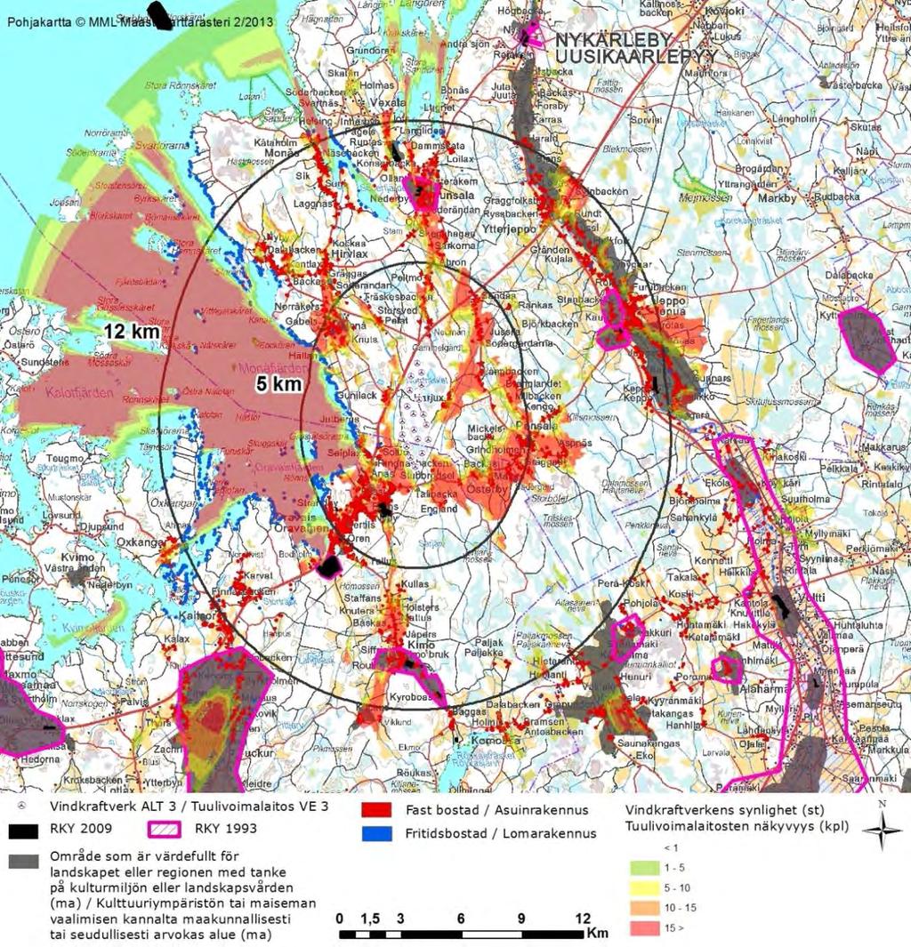 SVEVIND OY AB SANDBACKA VINDKRAFTSPARK 121 (224) sydost, öst och nordost, där största delen av kraftverken är synliga enligt synlighetsanalysen och således är konsekvenserna långvariga, omfattande