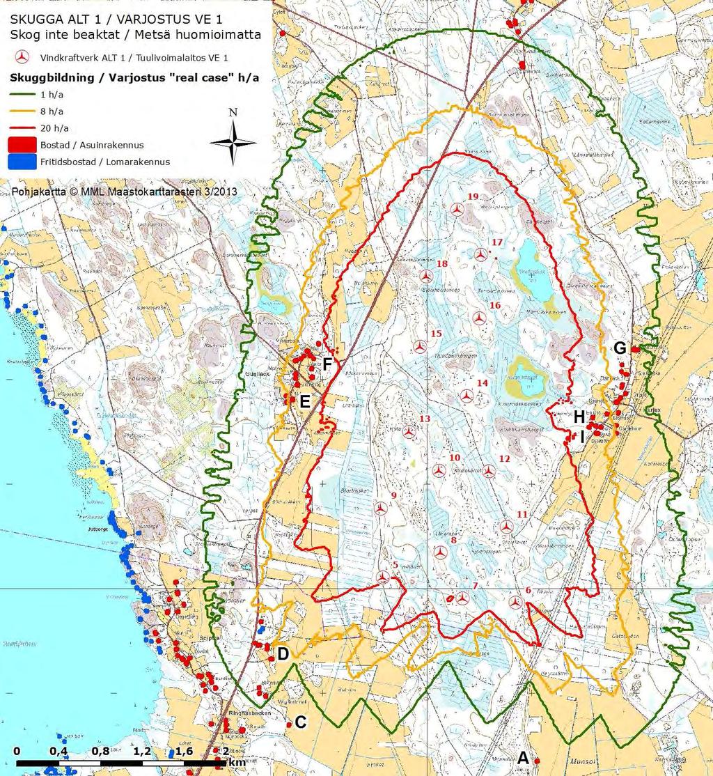 SVEVIND OY AB SANDBACKA VINDKRAFTSPARK 92 (224) Figur 13-1. Skuggningsmodellering för alternativ 1. Modelleringen tar inte hänsyn till skogens täckande effekt.