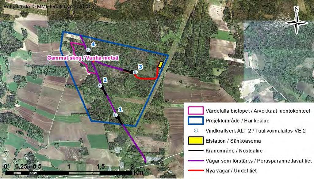 SVEVIND OY AB SANDBACKA VINDKRAFTSPARK 149 (224) Figur 20-5. Värdefulla naturobjekt i förhållande till Sandbacka projektområde och alternativ 2.