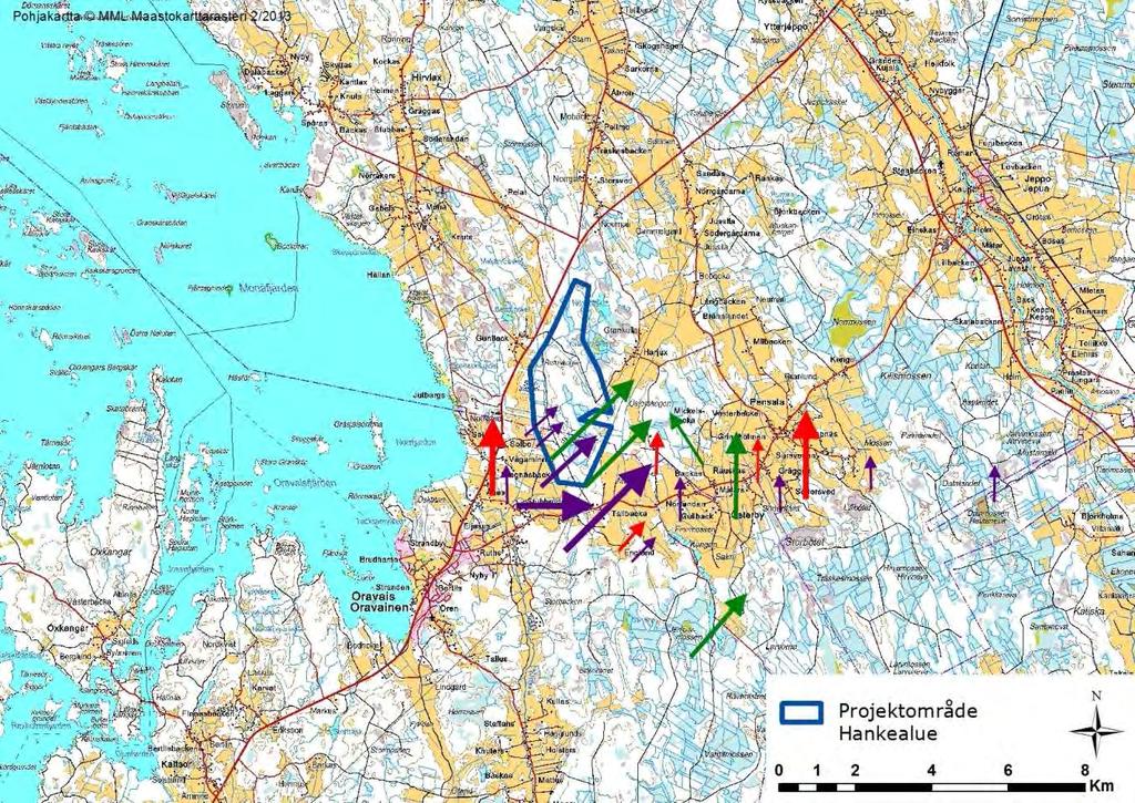 SVEVIND OY AB SANDBACKA VINDKRAFTSPARK 163 (224) Figur 21-5. Rutter och flygriktningar för flyttande gäss, svanar och tranor våren 2013 i förhållandet till projektområdet.
