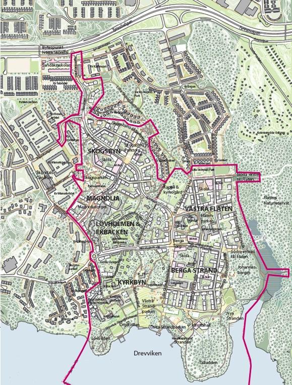 Sida 3 (8) Figur 1. Strukturplan över programområdet Sköndal är idag avgränsat från närliggande stadsdelar genom Tyresövägen och Nynäsvägen.