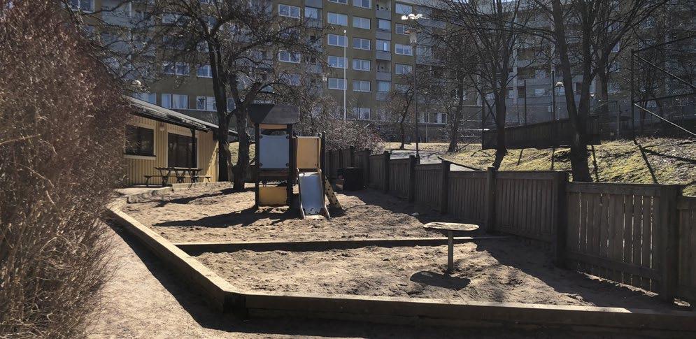 Figur 5 - Sandlådan, vilken ligger centrerad på gården, erbjuder olika typer av lek för blandade åldrar.
