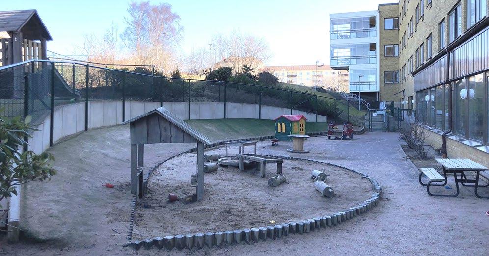 Själva förskolegården har en yta på 1295 kvm, vilket motsvarar 35 kvm/barn. Gården är separerad i en större och en mindre del med hjälp av ett staket.