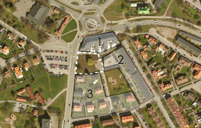Upprättad 2018-06-20 2017-3408 17(45) Kartan markerar omgivande bebyggelseområden. Varje område beskrivs nedan i text. Planområdet är markerat med vit streckad linje.
