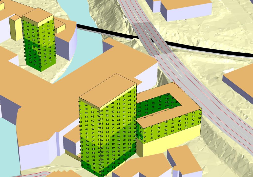 BILAGA 4 Simonsland (fortsatt utveckling) Borås Stad TÅGBULLER OCH VÄGBULLER Framtid år 2040 Vy från nordöst Ekvivalent ljudnivå [db(a)] <= 55 55<