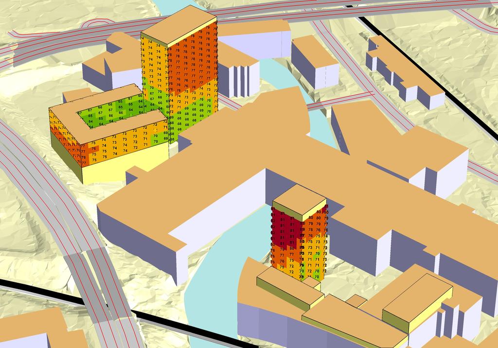 BILAGA 5 Simonsland (fortsatt utveckling) Borås Stad TÅGBULLER OCH VÄGBULLER Framtid år 2040 Vy från sydväst Maximal ljudnivå [db(a)] <= 60 60< <=