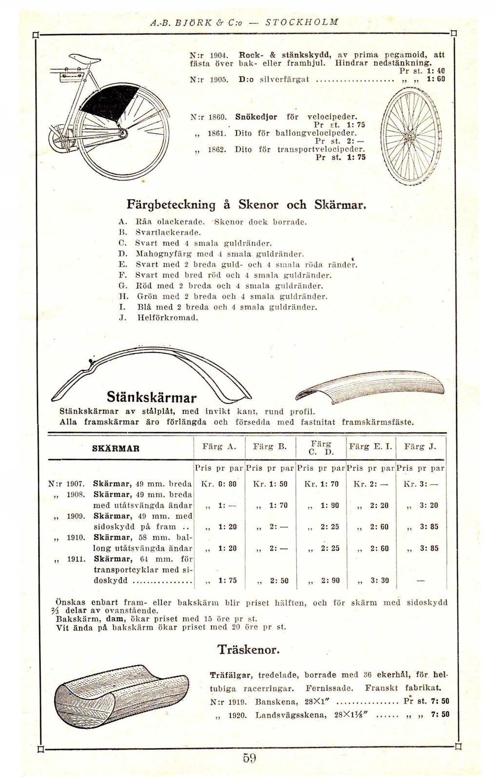 A B BJö RK & C : ST O CKHO LM 0n N:r 1904 Rck & stä nkskydd, av prima peg am id, att fästa över bak eller framhjul Hindrar nedstänkning P r st 1: 40 N:r 1905 D: silverfärgat,, 1: 60 N :r 1860