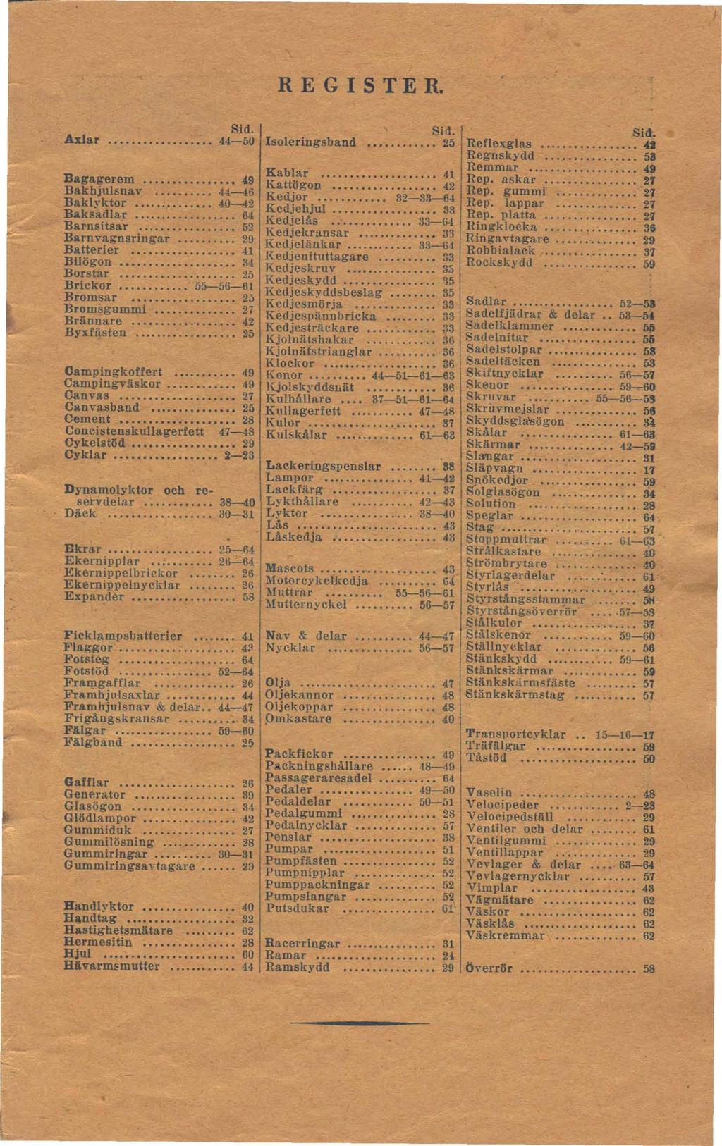 J REGISTER l Sid ' Sid Axlar 4450 Isleringsband 25 Bagagerem 49 Bakhjulsnav 4446 Baklyktr 4042 Baksadlar 64 Barnsitsar 52 Barn vagnsringar 29 Batterier 41 Bilögn 34 Brstar 25 Brickr 555661 Brmsar 2~