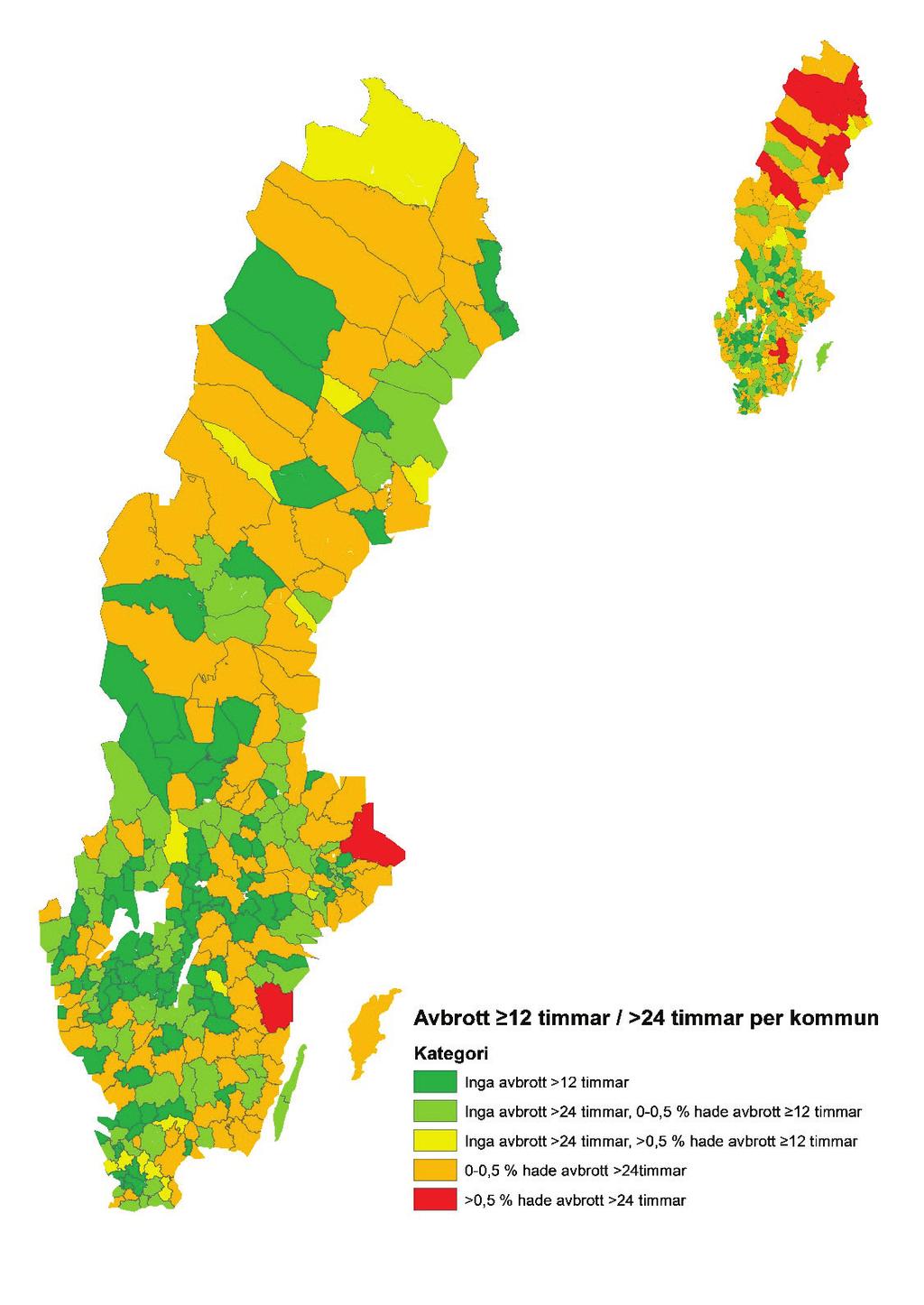 Figur 19 Kommuner kategoriserade efter avbrott på minst 12 timmar och