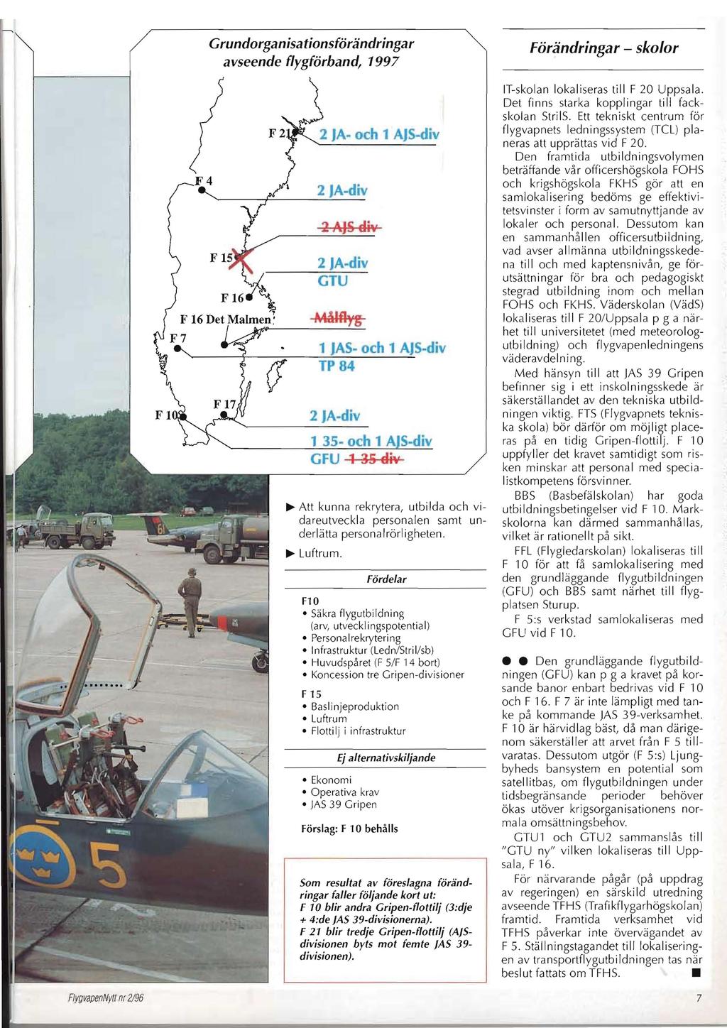 Grundorganisationsförändringar avseende flygförband, 1997 Förändringar - skolor F4 (f 2 JA-div 1 35- och 1 A S-div GFU 1 35 div ~ Att kunna rekrytera, utbilda och vipersonalen samt un dareutveckla
