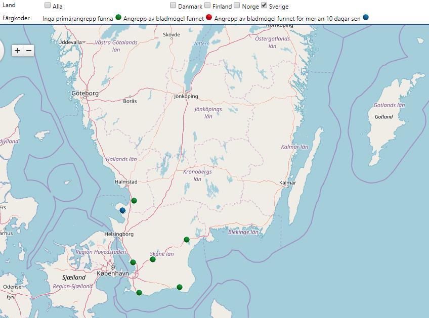 Bild 5. Karta över inrapporterade fynd av bladmögel, Euroblight I kartan är nya angrepp av bladmögel markerade med röda prickar.