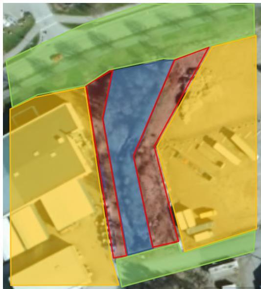 Zon 4 består huvudsakligen av asfalterade ytor i form av vägar och vegetation i dess direkta närhet. Marknivån ligger mellan ca +12,0 till +13,0. Figur 3. Flygbild som visar de 4 olika områden.