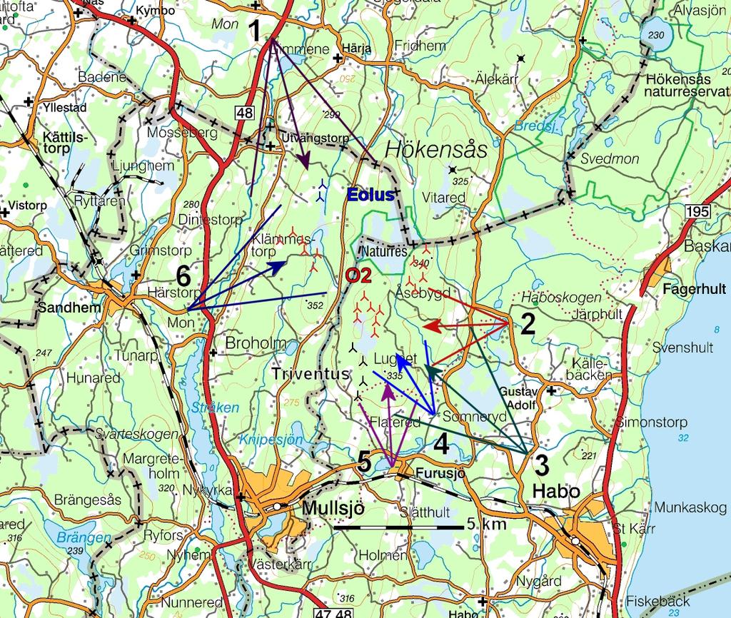 FOTOPUNKTSKARTA Fotomontage har gjorts från sex olika platser i omgivningen; från Gimmene mot sydost (fotopunkt 1), Hornsjön mot väster (fotopunkt 2), Dykärrs gård mot nordväst (fotopunkt 3),