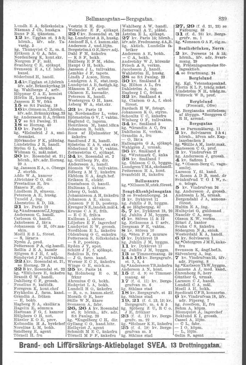 Lundh E A, folkskolel-a Vestrin K H, disp. Wahlberg A W, 'handl. Näsman J Ch, husäg:a Welander E F, sjökapt. Zetterval.l A T, plåtsl. Buus P E, tjänstem. 22 Ckv. Rosendal st. 23 Åström E L, sjökapt.