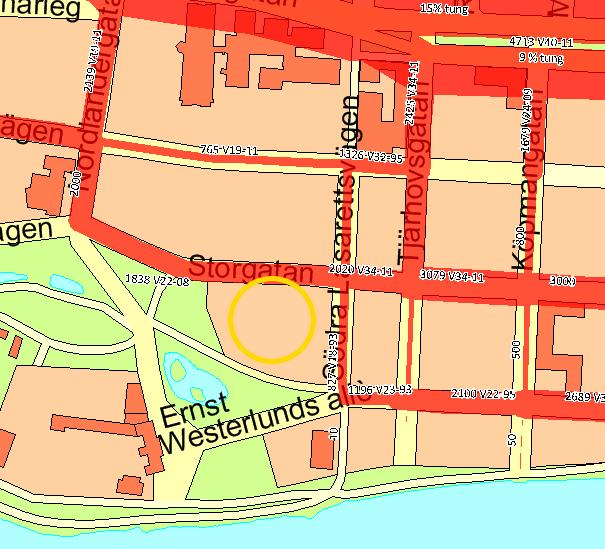 Gatunät, gång- och cykeltrafik Fig. 13. Vardagsdygnstrafik 2008-2011. Grafik.Planområdet i gult.