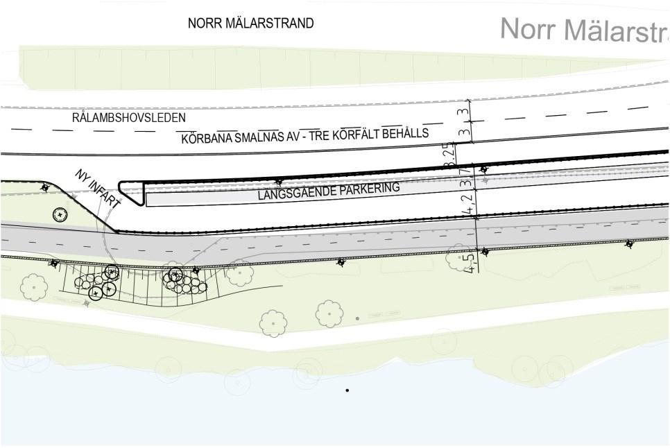 Sida 9 (15) Figur 8. En ny infart i västra delen av parkeringen på Norr Mälarstrand Denna lösning ger en möjlighet till en rak och bred cykelbana utan hinder för cyklisterna.