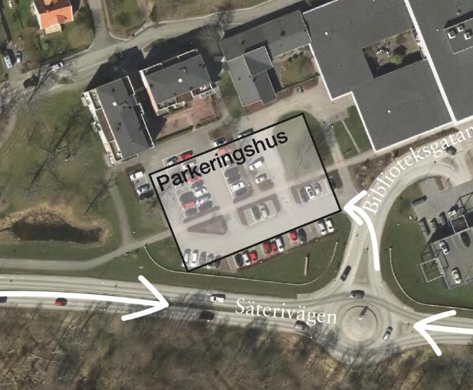 9. Kindboparken Yta och infarter Vy över platsen idag Kriterium Motivering Gradering A Uppsamlande effekt B Anslutning till parkeringshus i lokalvägnätet C Stadsbyggnadspotential på platsen (annan än