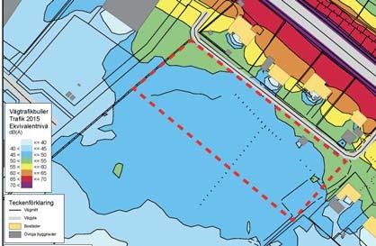 Bullerkartor från utredningen Pollenvägen i Hässleholm, Översiktlig trafi kbullerutredning, 2016-06-15. Planområdet markerat med röd streckad linje.