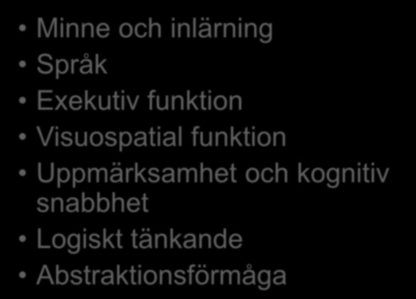 Kognitiva domäner Minne och inlärning Språk Exekutiv funktion Visuospatial