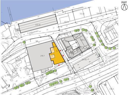10 Figur 3-1 Förslag på tillbyggnad av fastigheten 219:7 visas i gult på planskissen. 6 Storleken på tillkommande parkeringsefterfrågan baseras på Göteborgs Stads parkeringstal 7.