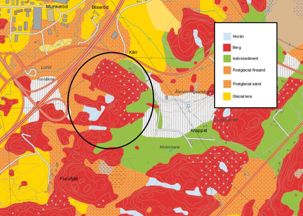 10 (28) liggande partier av lera alternativt isälvssediment och i högre partier är det en övergång till underliggande morän.
